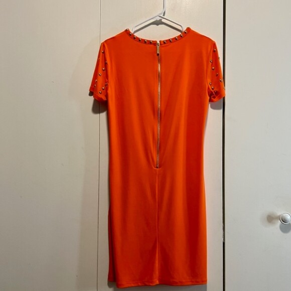 Michael Kors Womens Orange Gold Studded Short Sleeve Mini Dress Size Small - Picture 6 of 12